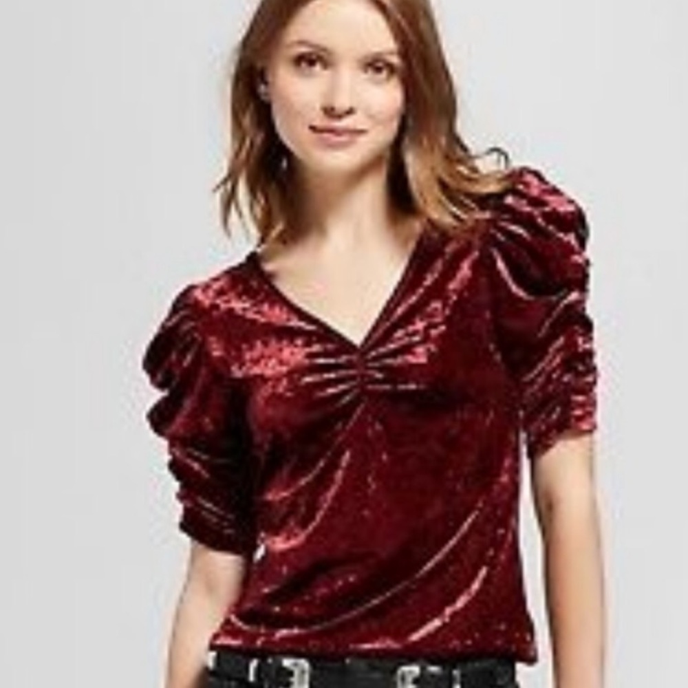 Red Crushed Velvet Top w/ Scrunched Shoulders